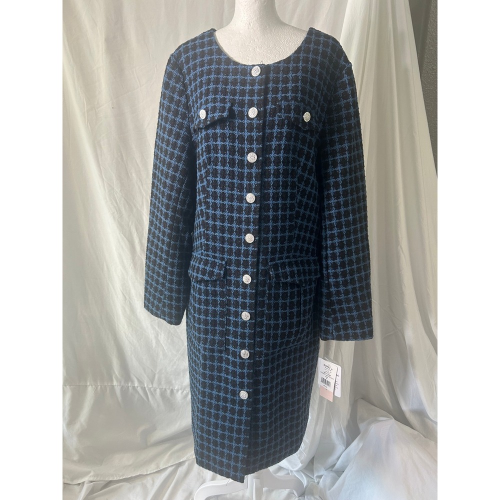 Nanette Lepore Navy Black Tweed Button Front Coat Dress Metallic Grid Size 16